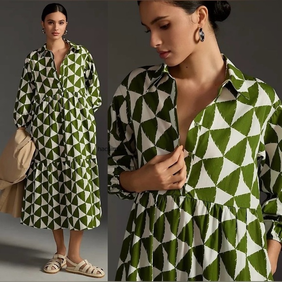 Maeve Dresses & Skirts - MAEVE by ANTHROPOLOGIE Bettina Green Geometric Print Tiered Dress Small S NWOT